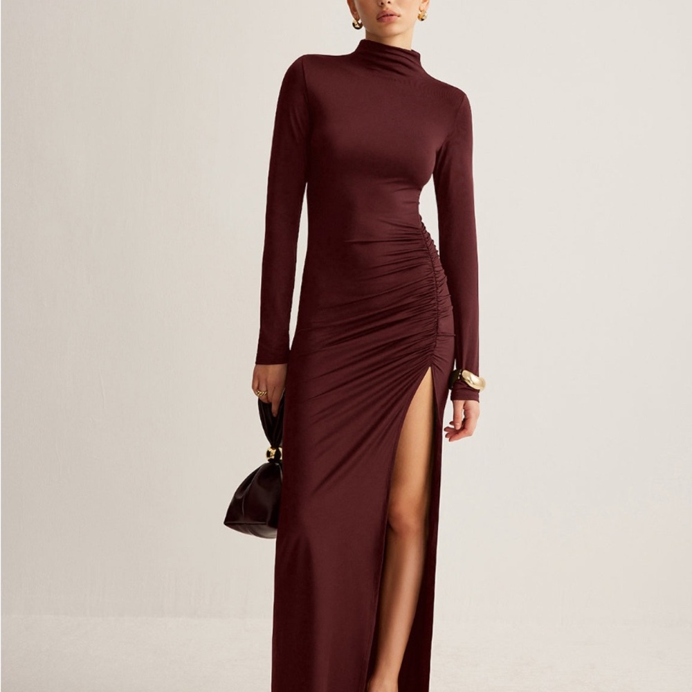 Commense Red Ruched Slit Gown